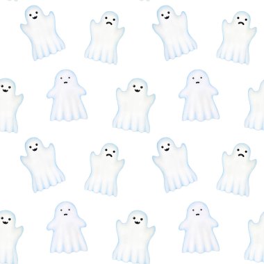 Cadılar Bayramı komik hayaletleri kusursuz desen. El çizimi çizimi. Hayalet ve ruh elementleri beyaz arka planda uçar. Cadılar Bayramı için hediye paketi, baskı, ambalaj kağıdı.