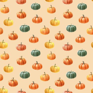 Balkabağı güz havası kusursuz desen. Suluboya resim. Elle çizilmiş farklı sonbahar balkabağı süslemeleri. Şükran Günü koleksiyonu sıcak renklerde kusursuz desen elementi.