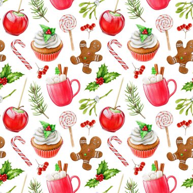 Kış mevsimi klasikleri geleneksel ikramları ve tatlılar kusursuz kalıplar. Suluboya resim. El yapımı kek, zencefilli çörek, karamelli elma, beyaz arka planda şeker kamışı elementleri.