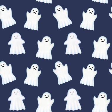 Cadılar Bayramı komik hayaletleri kusursuz desen. El çizimi çizimi. Hayalet ve ruh elementleri karanlık arka planda uçar. Cadılar Bayramı için hediye paketi, baskı, ambalaj kağıdı.