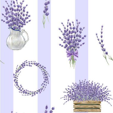 Lavanta çiçeği elementi, klasik stil, dikişsiz desen. Suluboya çizimi. El yapımı lavandula bitkisi çelengi, demet demeti, demet dekoru. Eflatunsuz desenli dekoratif elementler.