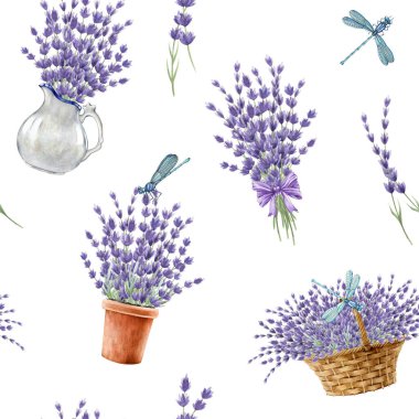 Lavanta desenli, pürüzsüz desen. Suluboya klasik resim. El yapımı organik lavandula bitkisi kırsal stil dekorasyonu. Romantik ruh hali dekoratif unsurları lavanta ile.