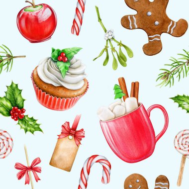 Geleneksel Noel, kusursuz desenli süslemeler sunar. Suluboya klasik resim. El çizimi geleneksel tatlı keki, zencefilli kurabiye adam kurabiyesi, şeker kamışı ve sıcak çikolata..