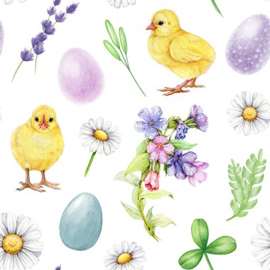 Paskalya bayramı kusursuz desenli şirin sarı civcivler, bahar çiçekleri. Suluboya çizimi. Bahar zamanı papatya çiçekleri, boyanmış yumurtalar, yeşil yapraklar, yumuşak renklerde pürüzsüz desenler..