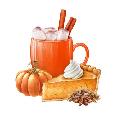 Turta dilimli şekerli balkabağı aromalı latte. Vintage boya çizimi. Sonbahar geleneksel sıcak tatlı içeceği ve hamur işi. Beyaz arka planda turuncu bardakta balkabağı latte..