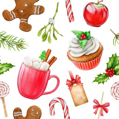 Noel kusursuz bir numaradır. Suluboya klasik resim. El yapımı kek, zencefilli kurabiye, şeker kamışı ve kupada sıcak çikolata. Geleneksel kış zamanı tatlı öğeleri.