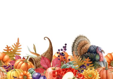 Şükran Günü geleneksel dekorasyonsuz sınır sonbahar renkleri. Suluboya klasik resim. Şükran Günü süslemeleri, meyveler, olgun balkabakları, hindi kuşu, çiçekler kusursuz desenli..