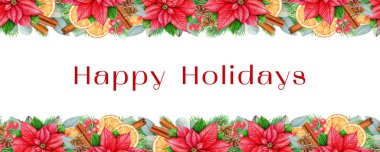 Geleneksel renklerle süslenmiş Noel çiçekleri. Klasik çizim. Noktalı çiçeklerden, kırmızı meyvelerden, kozalaklardan ve kış baharatlarından kış mevsimi parlak dekorasyonu.