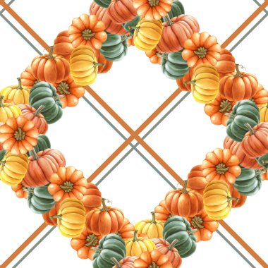 Sonbahar balkabakları pürüzsüz desenli sıcak renklerde. Suluboya çizimi. El, farklı bir sonbahar olgunlaşmış balkabağı süsleme elementi çizmiş. Şükran Günü koleksiyonu kusursuz geometrik süs.