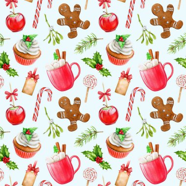 Geleneksel Noel, kusursuz desenli süslemeler sunar. Suluboya klasik resim. El çizimi geleneksel tatlı keki, zencefilli kurabiye adam kurabiyesi, şeker kamışı ve sıcak çikolata..