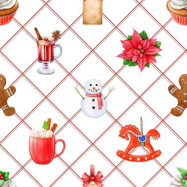 Christmas time decor element seamless pattern. Hand drawn snowman, gingerbread man, winter sweets and treats on white background. Winter vintage style decor traditional elements seamless pattern. clipart