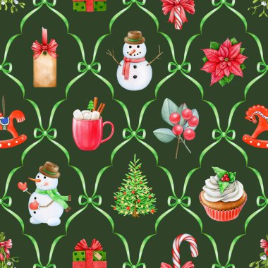 Christmas time decorations seamless pattern. Hand drawn fir tree, mistletoe, snowman, winter sweets and treats. Winter season vintage style bright decor tile ornament seamless pattern design. clipart