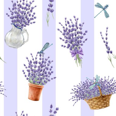 Romantik ruh hali, lavanta çiçeği, kusursuz desen. Suluboya klasik resim. El yapımı organik lavandula bitkisi kırsal stil dekorasyonu. Çizgili arkaplanda lavanta dekoratif elementler.