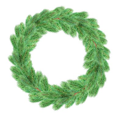 Kozalaklı ağaç dalından Noel çelengi. Klasik suluboya çizimi. Kış mevsimi, çam dallarından yemyeşil, yuvarlak süsleme. Beyaz arkaplanda izole.