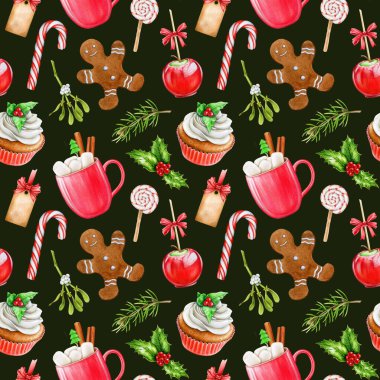 Noel, arka planda kusursuz bir desen oluşturur. Suluboya klasik resim. El çizimi geleneksel tatlı keki, zencefilli kurabiye adam kurabiyesi, şeker kamışı ve sıcak çikolata.. 
