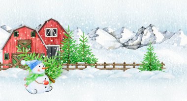 Dağlarla kaplı kırsal alanda karlı zeminde köknar ağacı tutan mutlu kardan adam. Klasik çizim. Kışın karla kaplı bir yerde elinde köknar ağacı tutan komik bir kardan adam..