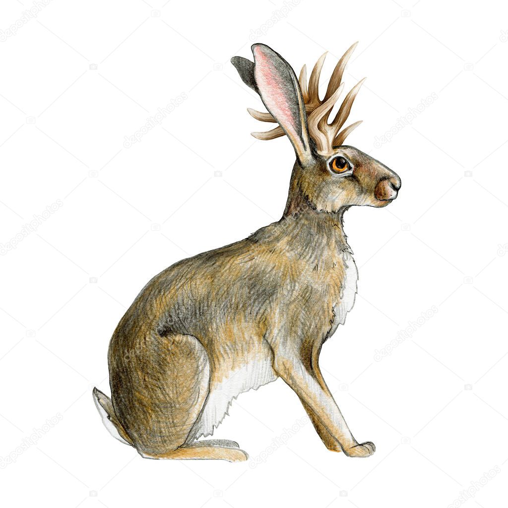Jackalope myth rabbit creature watercolor illustration. Hand drawn wild mythological folklore animal. Rabbit with horns vintage style illustration. Sitting jackalope side view on white background.