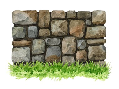 Yeşil çimen elementli katı taş duvar. Suluboya çizimi. Çeşitli taşlardan, kayalardan boyanmış kayalık bir duvar. Beyaz zemin üzerinde sınır kırsal manzara elementi.