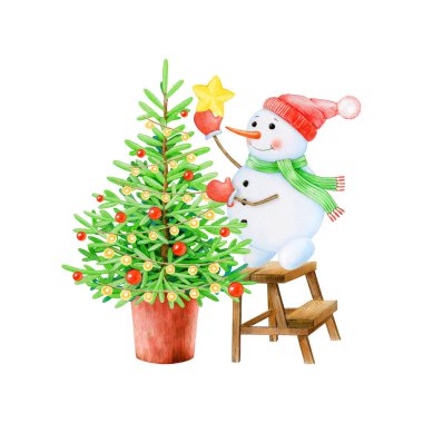 Noel ağacını yıldız dekoru ile süsleyen komik kardan adam. Klasik çizim. Kış mevsimi konforlu dekorasyon unsuru. Noel zamanı, beyaz arka planda kardan adam ve köknar ağacıyla süslü dekor..