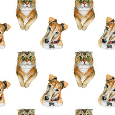 Beyaz arka planda kedi ve köpeğin detaylı, gerçekçi portreleri olan kusursuz bir el resmi. Hayvan ürünleri, veteriner klinikleri, hayvan mağazaları, ambalaj ve hayvan temalı tasarımlar için mükemmel..