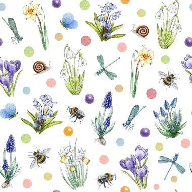 Bahar zamanı, çiçek, arı ve beyaz arka planda kelebekler olan kusursuz bir desen. Bahar sezonu dekorasyonu için ideal, mevsimlik kartlar, bahar temalı tasarım.
