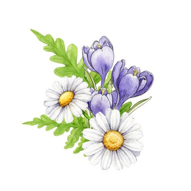 Bahar mevsimi çiçekli şık desenli bahçe çiçekleri, klasik resimli. El yapımı krokus, papatyalar, beyaz arka planda eğreltiotu dekoru. Bayram dekorasyonu ve mevsimlik tasarım için.