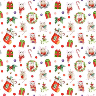 Komik fareli, Noel havası olmayan desenler. Kış zamanı geleneksel dekoru elde çizilmiş klasik tarzıyla. Tatil projeleri, Noel dekorasyonu, sezonluk hediye paketi tasarımı için mükemmel. Beyaz arkaplan