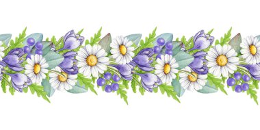 Bahar çiçekleri sınırsız sınır dekoru elementi. El yapımı klasik suluboya çizimi. Çiçekler, papatyalar, yeşil eğreltiotu yaprakları beyaz arka planda dekoratif sınır..