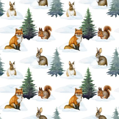 Winter season forest animals seamless pattern hand drawn illustration. Winter time wildlife nature decor element on white background. Perfect for Christmas mood design, decoration, print, wrapping. clipart