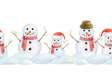 Beyaz arka planda, karsız sınır dekoru elementli sevimli kardan adamlar. Geleneksel kış dekorasyonu elle çizilmiş. Kış mevsimi için mükemmel..