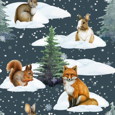 Winter season forest animals seamless pattern hand painted illustration. Winter time fox, squirrel, rabbit animals in snow piles with conifer trees. Perfect for wildlife nature mood decoration. clipart