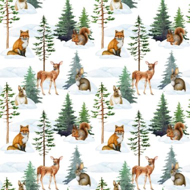 Kış mevsimi orman hayvanları elle çizilmiş kusursuz desenli resimler. Kış zamanı tilki, sincap, tavşan, ren geyiği, kozalaklı ağaçlar. Vahşi yaşam için biçilmiş kaftan..
