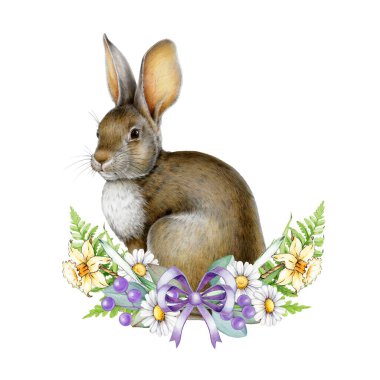 Etrafı papatya çiçeği resimleriyle çevrili şirin tavşanlı Paskalya bayramı dekoru. Gerçekçi detaylar, tatil dekorasyonu, kartlar ve sezonluk tasarımlar için mükemmel. Beyaz arkaplanda izole.
