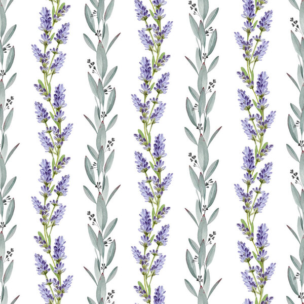 Лавандовые цветы с эвкалиптовыми листьями бесшовный узор винтажного стиля ручной рисованной акварелью иллюстрации. Природные органические травы в элегантном орнаменте украшения на белом фоне.