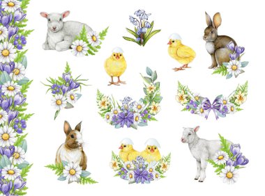 Easter festive traditional decor element set with cute farm baby animals. Watercolor vintage style illustration. Hand drawn bunny, chicks, lamb, painted eggs, spring flowers on white background. clipart