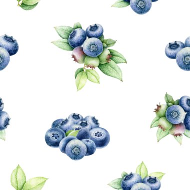 Taze yaban mersini ve yeşil yapraklar beyaz arka planda pürüzsüz bir desen. El yapımı yaban mersini suluboya vintage çizimi. Kumaş, ambalaj, dekor ve yemek temalı tasarımlar için mükemmel.