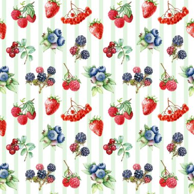 Açık yeşil çizgili arka plan dikişsiz desenli el yapımı bahçe meyveleri. Yabanmersini, ahududu, çilek, böğürtlen, vintage stil illüstrasyon kusursuz desenli tasarım elementi.