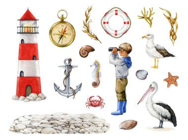 Deniz feneri, pusula, çapa, deniz yosunu, deniz kabuğu ve beyaz arka planda dürbünle bakan bir çocuğun suluboya çizimleri. Denizcilik tasarımları, macera temaları ve okyanus dekorları için.