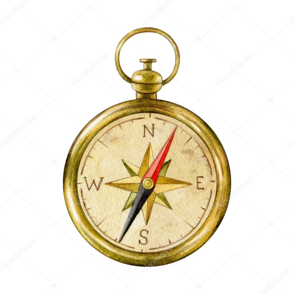 Vintage style metal compass watercolor illustration. Hand drawn direction and navigation finding device for traveling. Old compass element isolated on white background.