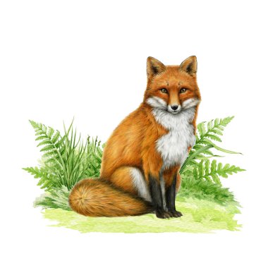 Çimenli zemindeki kızıl tilki resimlerini çizdi. El yapımı klasik suluboya çizimi. Yeşil çimlerin üzerinde oturan, beyaz arka planda eğreltiotu yaprakları olan sevimli tilki vahşi orman hayvanı..