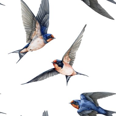 Uçan kuşlar kusursuz desenli dekorasyon elementleri. Suluboya resim. Beyaz arka planda kanatları olan sevimli ahır kırlangıçları. Vahşi yaşam Martin Bird 'ün klasik dekorasyon elementi.