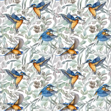 Uçan balıkçı kuşlar okaliptüs ile dekor desensiz desen elementi bırakır. Suluboya el vahşi yaşam çizimi. Sakız ağacındaki parlak kuşlar yapraklı arka planda pürüzsüz desen.