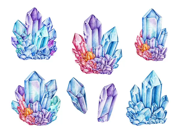 Parlak ve parlak kristal mineraller dekorasyon elementi suluboya çizim seti. Beyaz arkaplanda el çizimi canlı gökkuşağı rengi değerli taşlar klasik tip mineral koleksiyonu.