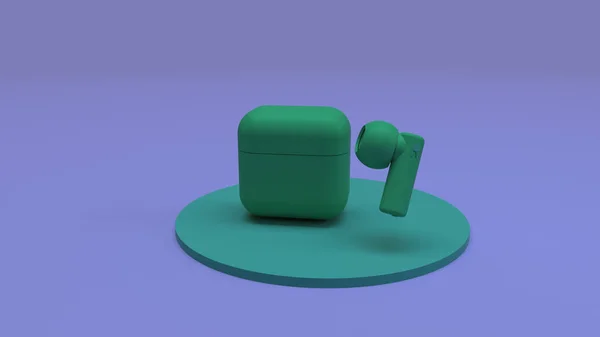 Bezprzewodowe Słuchawki Futerał Renderowania Ilustracji Zielony Kolor Fioletowym Tle — Zdjęcie stockowe