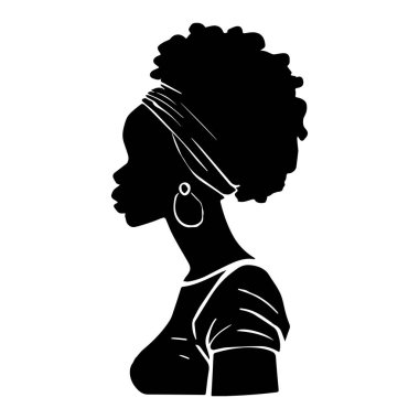 Siyah saçlı, siluetli bir kadın. Vektör çizimi. Doğal kıvırcık saçlı ve küpeli Afro-Amerikan kadın..