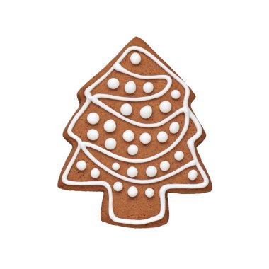 Noel ağacı şeklinde boyanmış zencefilli kurabiye, kesilmiş, izole edilmiş.