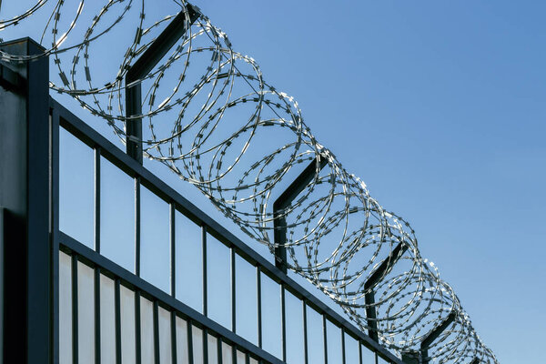 Barbed wire on an iron fence. Against the background of the blue sky.
