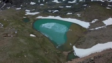 Buz kabuğuyla kaplı bir moraine gölü. Yaz zamanı. Etkin tatil