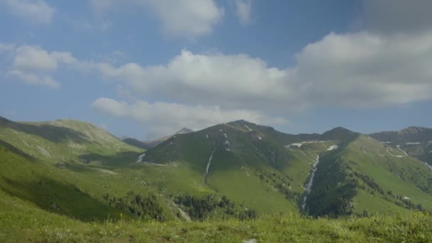 モトレーの草が付いている山の斜面のアルパイン牧場 サマータイム アクティブバケーション — ストック動画