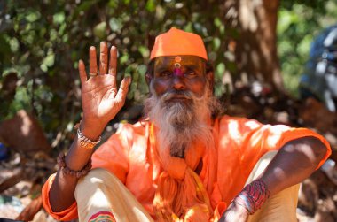 GOA, Hindistan - 21 Şubat 2024: Sadhu 'nun selamlaşması. Portre